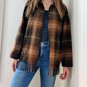 Vintage Plaid Collared Fringe Cardigan Jacket Sweater In Chocolate Brown